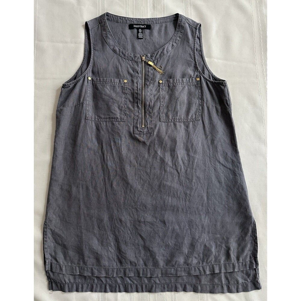 Ellen Tracy 100% Linen Top Size S Gray Gold Zip Tunic Tank - Picture 6 of 14